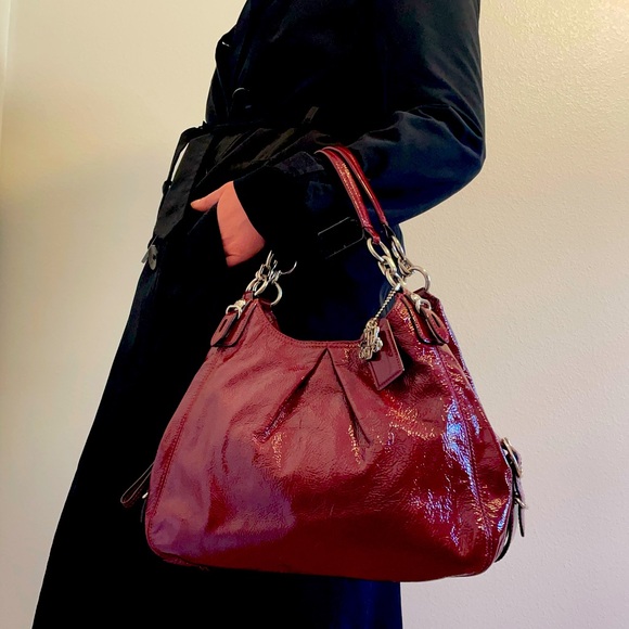 ~RARE Coach Maggie Mia Patent Cranberry Red Leather Handbag Tote Hobo Purse~
